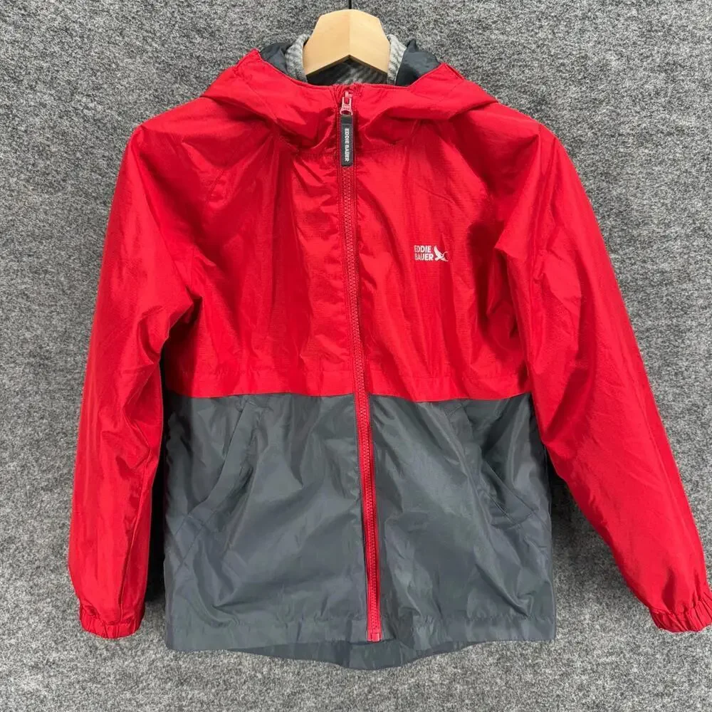 Eddie Bauer Jacket Boys M Medium Red Hooded Long Sleeve Pockets Lined High Neck
